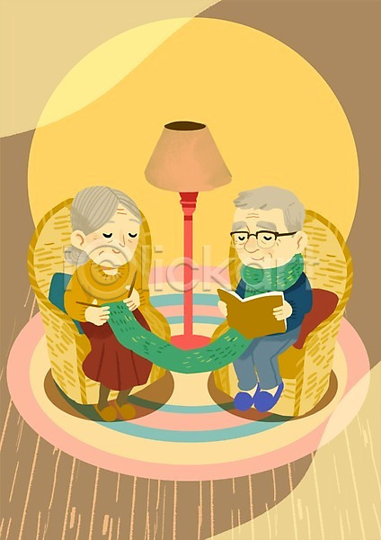 여유 편안함 함께함 행복 남자 노년 두명 여자 PSD 일러스트 노부부 독서 뜨개질 목도리 실버라이프 의자 책