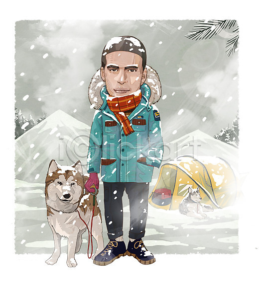 남자 성인 PSD 일러스트 강아지 겨울 겨울옷 겨울캠프 나무 눈 목도리 산 아웃도어 야외 장갑 주간 캠핑 텐트 패딩 패션