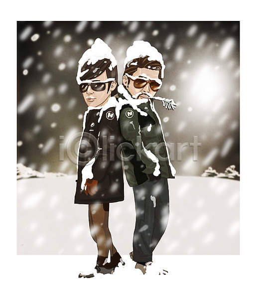 남자 두명 성인 PSD 일러스트 겨울 겨울옷 나뭇잎 눈 눈보라 선글라스 아웃도어 야외 장갑 패딩 패션