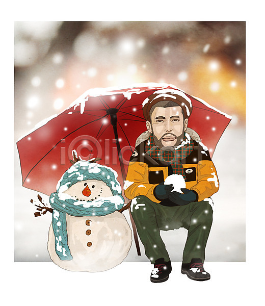 남자 성인 한명 PSD 일러스트 겨울 겨울옷 눈 눈사람 목도리 아웃도어 야외 우산 장갑 털모자 패딩 패션