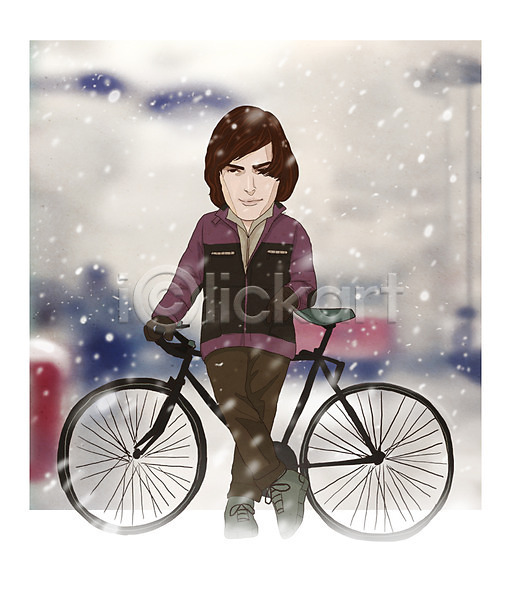 남자 성인 한명 PSD 일러스트 겨울 겨울옷 눈 아웃도어 야외 자전거 장갑 주간 패딩 패션