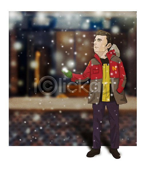 남자 성인 한명 PSD 일러스트 거리 겨울 겨울옷 눈 아웃도어 야간 야외 장갑 패딩 패션