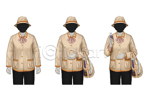 성인 세명 여자 PSD 일러스트 가방 모자(잡화) 배달원 얼굴없음 요구르트 유니폼 직업 흰장갑