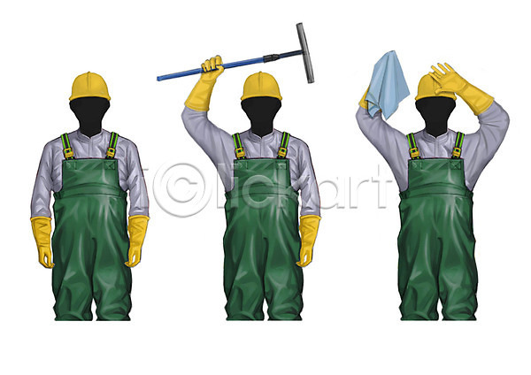 남자 성인 세명 PSD 일러스트 걸레 고무장갑 얼굴없음 작업복 직업 청소도구 청소부 헬멧