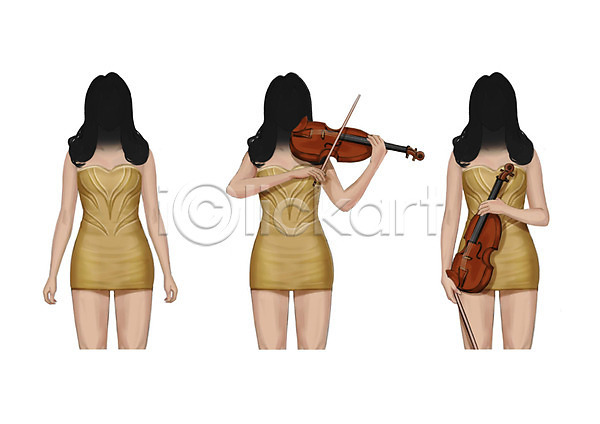 성인 세명 여자 PSD 일러스트 드레스 미니드레스 바이올리니스트 바이올리스트 바이올린 바이올린활 얼굴없음 연주 연주자 음악가 직업