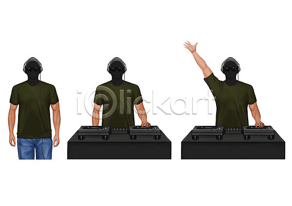 남자 성인 세명 PSD 일러스트 DJ 레코드판 비니 선글라스 얼굴없음 직업 청바지 티셔츠 헤드셋