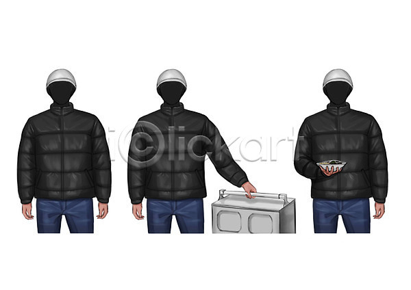 남자 성인 세명 PSD 일러스트 배달원 얼굴없음 점퍼 중식 직업 짜장면 철가방 청바지 헬멧