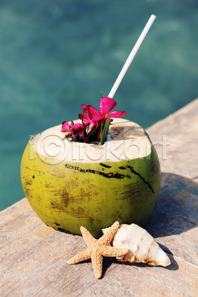 사람없음 JPG 해외이미지 바다 빨대 야외 여름(계절) 열대꽃 조개껍데기 코코넛주스