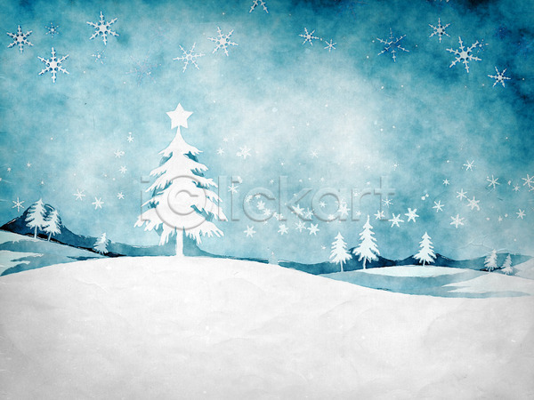 사람없음 JPG 일러스트 포토 해외이미지 겨울 나무 디자인 별 수채화(물감) 파란색 해외202004 흰색