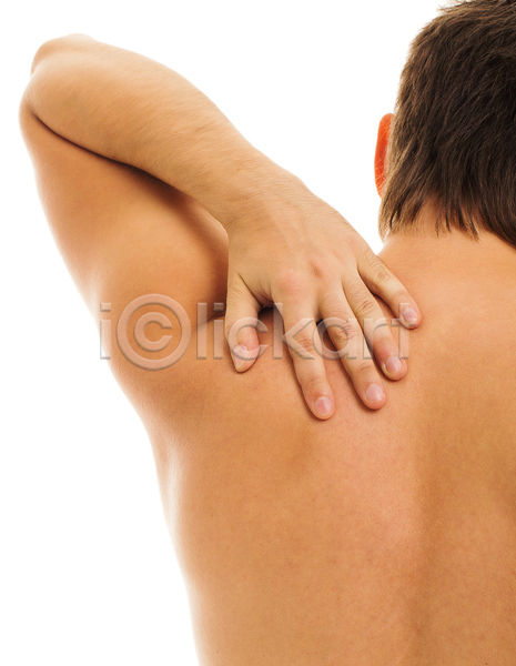 고통 남자 성인 성인남자한명만 한명 JPG 뒷모습 포토 해외이미지 상반신 손짚기 실내 어깨통증 해외202004 흰배경