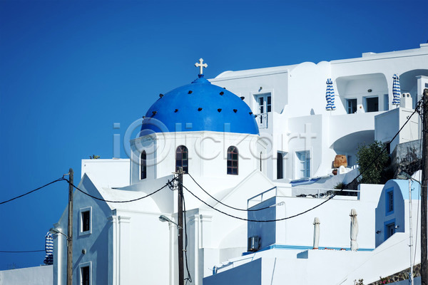 사람없음 JPG 포토 해외이미지 건물 교회 그리스 도시 산토리니 십자가 여름(계절) 여행 유럽 파란색 풍경(경치) 해외202004 휴양지