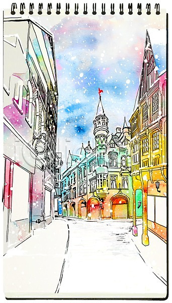 사람없음 PSD 일러스트 거리 건물 겨울 겨울배경 눈 백그라운드 수채화(물감) 스케치 스케치북 스프링수첩 유럽 판타지 풍경(경치)