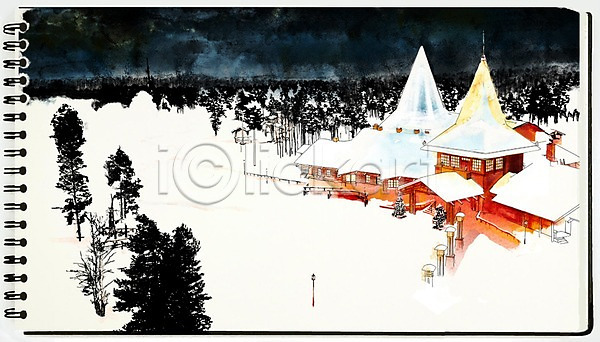 사람없음 PSD 일러스트 건물 겨울 겨울배경 나무 눈 백그라운드 산타마을 수채화(물감) 스케치 스케치북 스프링수첩 판타지 풍경(경치) 핀란드