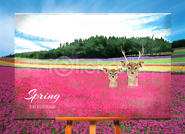 사람없음 PSD 일러스트 꽃밭 나무 백그라운드 봄 봄배경 사슴 야외 이젤 주간 편집 풍경(경치) 하늘