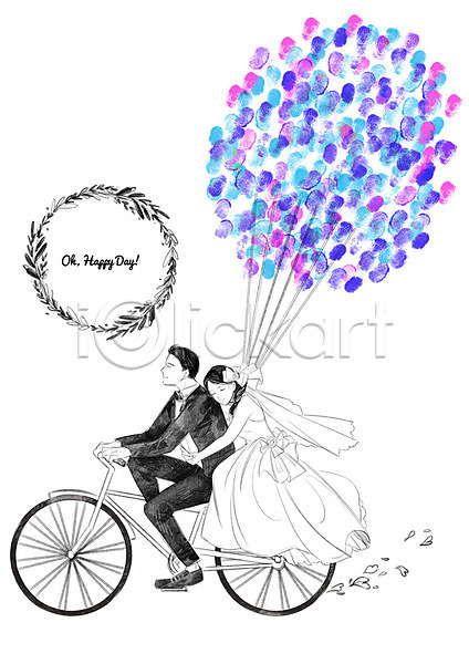 남자 두명 성인 여자 PSD 일러스트 결혼 신랑 신부(웨딩) 웨딩드레스 자전거 정장 커플 턱시도 풍선