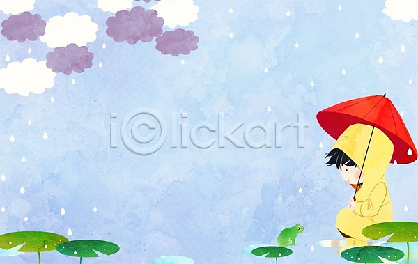 어린이 여자 유치원생 PSD 일러스트 프레임일러스트 개구리 구름(자연) 빗방울 연잎 우비 우산 유치원생라이프