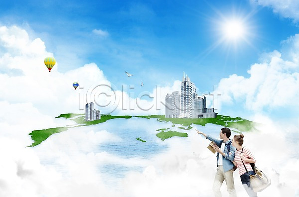남자 두명 성인 여자 외국인 PSD 편집이미지 구름(자연) 빌딩 야외 열기구 주간 지구모양 커플 태양 편집 합성