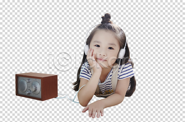 여유 휴식 소녀한명만 어린이 여자 유치원생 한국인 한명 PNG 앞모습 편집이미지 라디오 미소(표정) 상반신 엎드리기 턱괴기 편집 편집소스 헤드셋