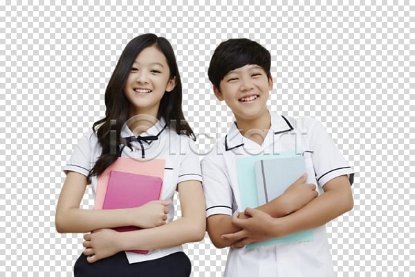 우정 함께함 10대 남자 두명 여자 중학생 청소년 한국인 PNG 앞모습 편집이미지 공책 교복 들기 미소(표정) 상반신 서기 책 친구 편집 편집소스 학생