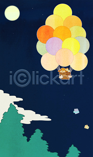 어린이 여자 한명 PSD 일러스트 구름(자연) 나무 달 밤하늘 선물상자 여행 열기구 풍선