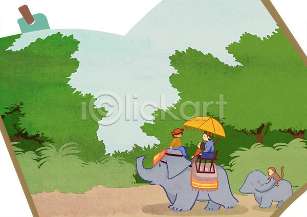 남자 성인 세명 어린이 여자 PSD 일러스트 나무 새끼 숲 여행 원숭이 코끼리 파라솔