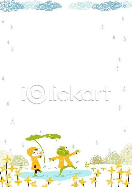남자 어린이 한명 PSD 일러스트 개구리 개나리 구름(자연) 나뭇잎 나뭇잎우산 봄 빗방울 새싹 연못 우비