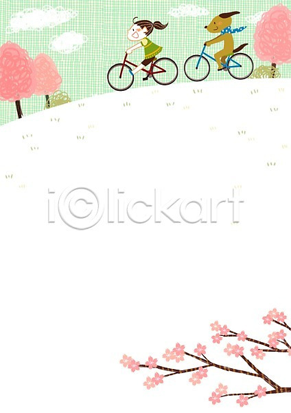 어린이 여자 한명 PSD 일러스트 강아지 구름(자연) 나무 벚나무 봄 언덕 자전거