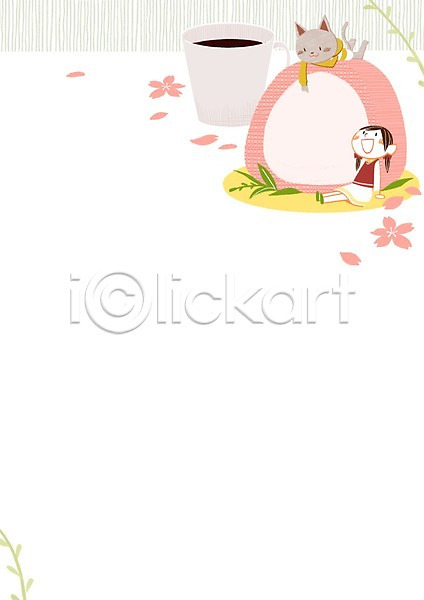 어린이 여자 한명 PSD 일러스트 고양이 디저트 모찌 벚꽃 봄 커피 커피잔