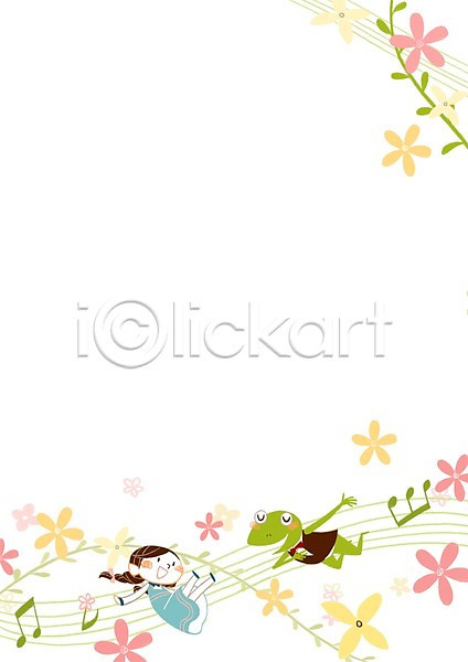 어린이 여자 한명 PSD 일러스트 개구리 꽃잎 봄 오선지 음표