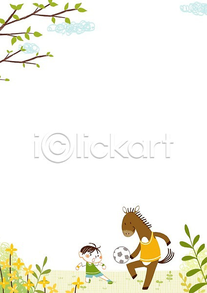 남자 어린이 한명 PSD 일러스트 개나리 구름(자연) 나뭇가지 나뭇잎 말년 봄 잔디 축구 축구공