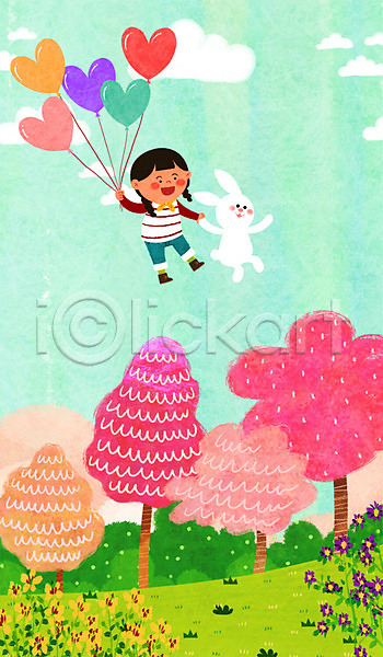 어린이 여자 한명 PSD 일러스트 구름(자연) 꽃 꽃밭 나무 봄 비행 토끼 풍선