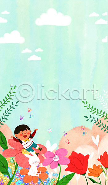 어린이 여자 한명 PSD 일러스트 구름(자연) 꽃 나뭇잎 나비 봄 토끼