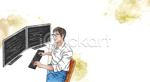남자 성인 한명 PSD 일러스트 모니터 직업 책상 캘리배경 컴퓨터 컴퓨터프로그래머 키보드