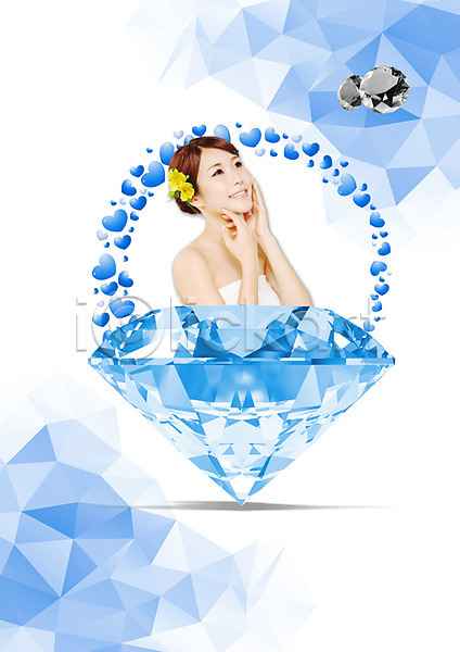 30대 성인 여자 일본인 한명 PSD 편집이미지 다이아몬드 미소(표정) 보석 뷰티 상반신 파란색 하늘색