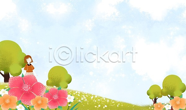 어린이 여자 한명 PSD 일러스트 구름(자연) 꽃 나무 야외 자연 주간 초원(자연)