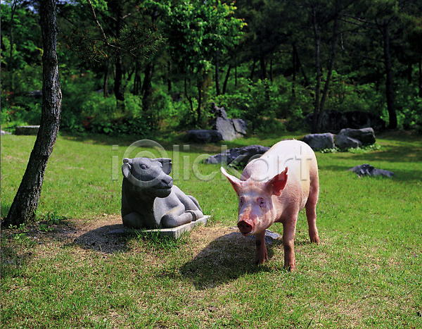 사람없음 JPG 포토 나무 돌조각상 동물 돼지 소 야외 어미 잔디 주간 축산자조금연합 한마리