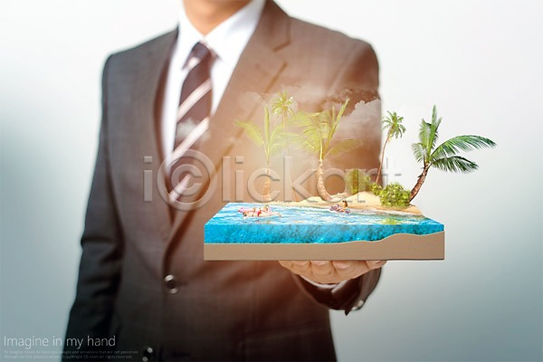 남자 성인 한명 PSD 디지털합성 편집이미지 구름(자연) 들기 디지털아트 바다 야자수 정장 편집 합성 휴양지