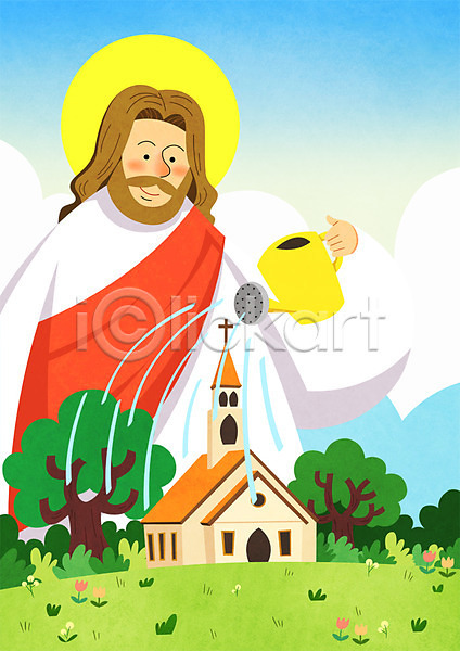 남자 성인 한명 PSD 일러스트 교회 구름(자연) 기독교 꽃 나무 물뿌리개 물주기 부활절 야외 예수 종교 주간