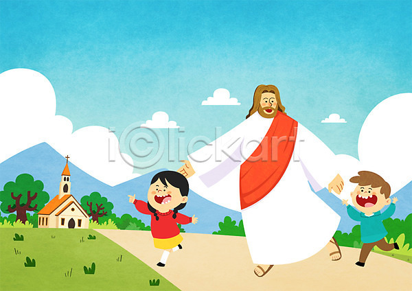 남자 성인 세명 어린이 여자 PSD 일러스트 교회 구름(자연) 기독교 나무 부활절 산 야외 예수 종교 주간 풀잎