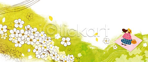 성인 여자 한명 PSD 일러스트 계절 계절백그라운드 꽃 나뭇잎 돗자리 백그라운드 봄 봄배경 소풍