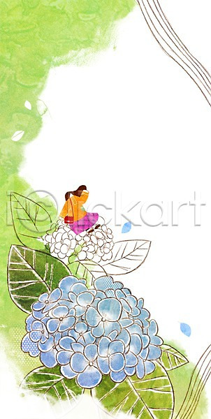 성인 여자 한명 PSD 일러스트 계절 계절백그라운드 꽃 나뭇잎 백그라운드 봄 봄배경 수국