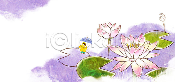 남자 어린이 한명 PSD 일러스트 계절 계절백그라운드 꽃 나뭇잎 백그라운드 봄 봄배경 연꽃(꽃) 연잎 우비 우산