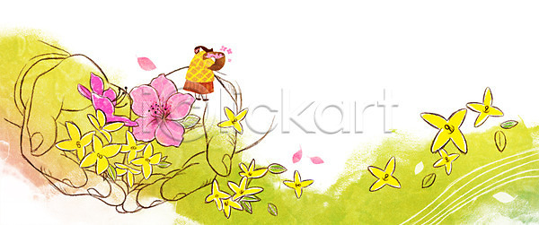 성인 여자 한명 PSD 일러스트 개나리 계절 계절백그라운드 꽃 나뭇잎 바구니 백그라운드 봄 봄배경 진달래