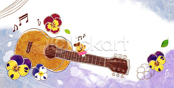 성인 여자 한명 PSD 일러스트 계절 계절백그라운드 기타 꽃 나뭇잎 백그라운드 봄 봄배경 연주 음표 팬지