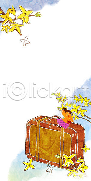 성인 여자 한명 PSD 일러스트 개나리 계절 계절백그라운드 꽃 나뭇잎 백그라운드 봄 봄배경 여행가방