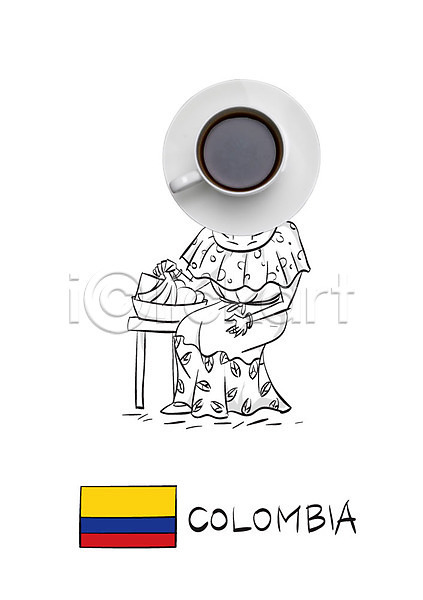 성인 여자 한명 AI(파일형식) 포토일러 국기 아메리카노 앉기 원두커피 음식 커피 커피잔 컵받침 콜롬비아 콜롬비아국기 편집