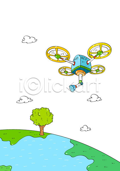 미래 사람없음 AI(파일형식) 일러스트 구름(자연) 그린캠페인 나무 드론 물뿌리개 물주기 에코 자연보호 정보기술 지구 헬리콥터