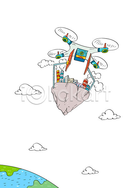 미래 사람없음 AI(파일형식) 일러스트 공장 구름(자연) 국내일러스트 굴뚝 드론 미래산업 연기 운반 운송업 정보기술 지구 헬리콥터