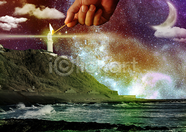 PSD 편집이미지 구름(자연) 등대 별 빛 성냥 손 야간 절벽 초승달 파도 편집 하늘 해변