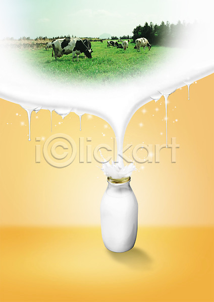 흐름 사람없음 PSD 편집이미지 가축 동물 목장 여러마리 우유 유리병 음료 음식 젖소 초원(자연) 편집
